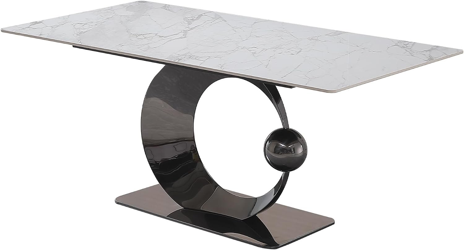 71 Inch Stone DiningTable with Carrara White Color and Striped Pedestal Base
