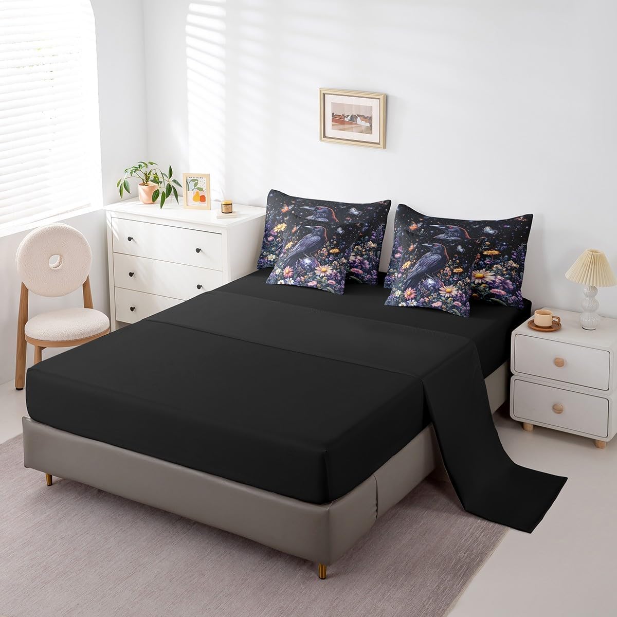 Erosebridal 7 Pieces Raven Bed Sets Queen Crow Black Bird Comforter and Sheets - Halloween Animal Wildlife Bed in A Bag for Kids Teens Adult, Floral Daisy Flower Comforter and Bedding Sheet Set