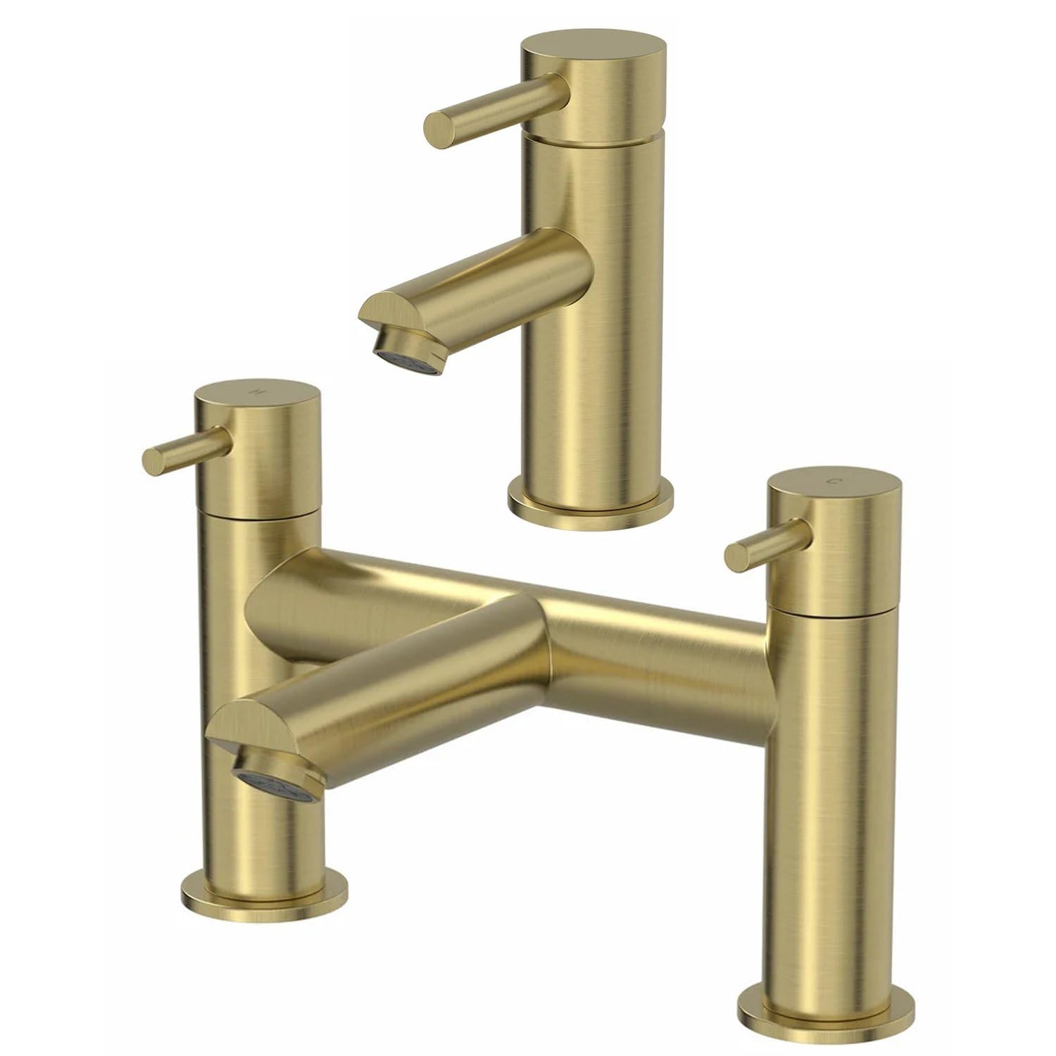 Architeckt® Malmo Bathroom Bath Filler Mixer Tap and Basin Tap Set Deck Mounted Round Twin Lever Handle Modern, Brushed Brass