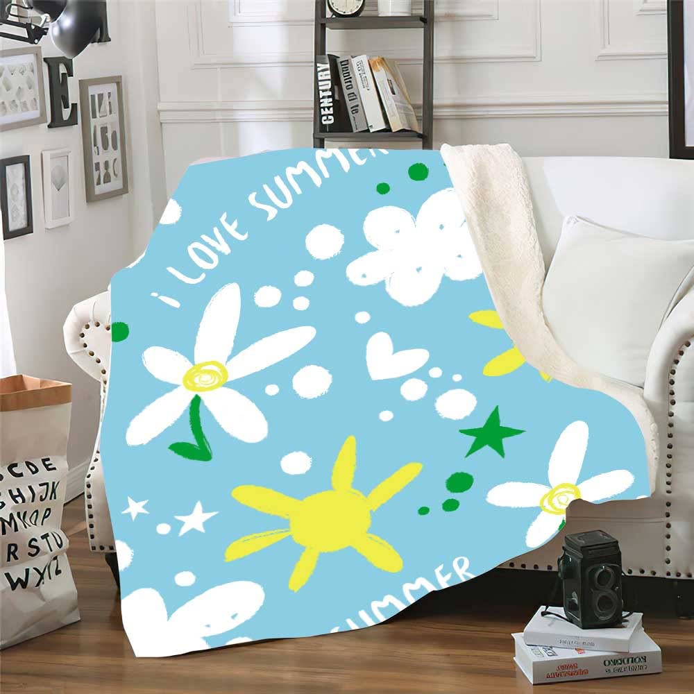 Plaid Fleur Bleue De Dessin Animé Plaid Canape Flanelle et Laine Agneau Couverture Conception Recto-Verso Plaid Polaire Mou Jeté de Canapé Epaissir Plaid Canapé 180x220cm