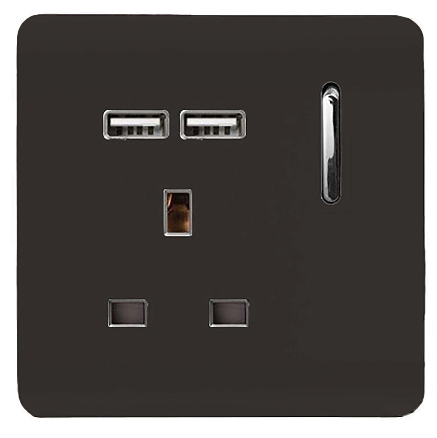 Trendi 1 Gang Single Switched Screwless Artistic Modern Glossy 13 Amp 2x Type A 2.1A USB Charging Port 13A Wall Outlet Plug Socket in Dark Mocha Brown - ART-SKT13USBDB
