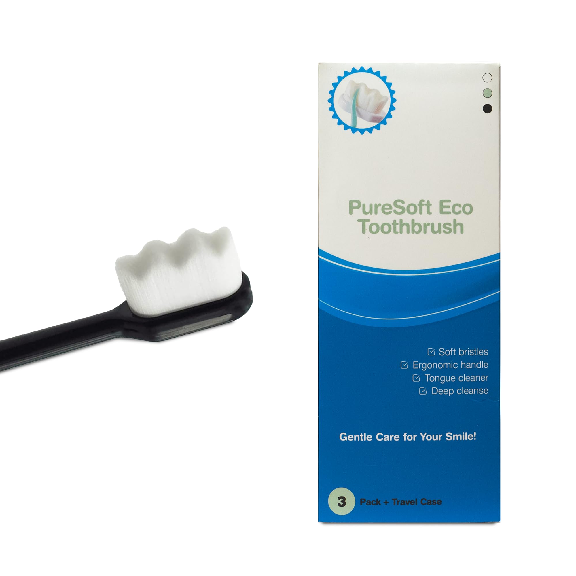 PureSoft Eco cepillo de dientes 20000 ultra suave, micro nanocerdas, sin BPA, ligero, con estuche de viaje, para encías sensibles, mujeres embarazadas, aparatos ortopédicos, ancianos,