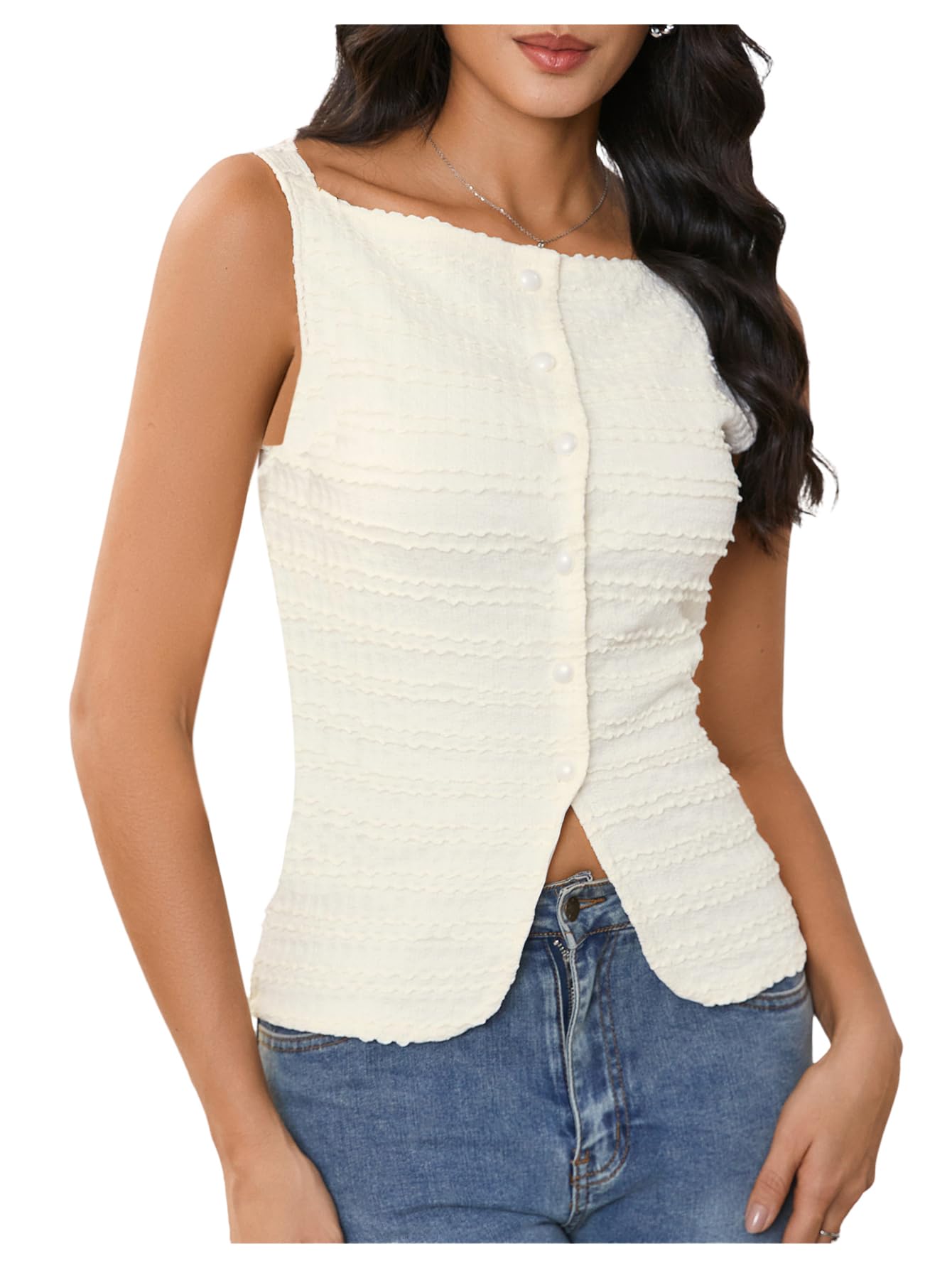 MakeMeChic Womens Vest Top Trendy Button Up Tank Tops Asymmetrical Y2k Going Out Top