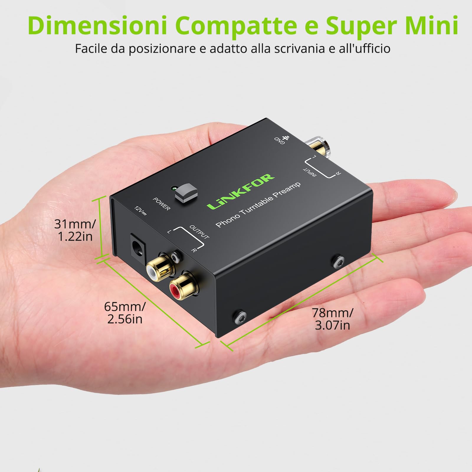 LiNKFOR PP900 Preamplificatore Fono Giradischi RCA Ingresso Uscita 12V 1A Mini Audio Stereo Metallo Basso Rumore