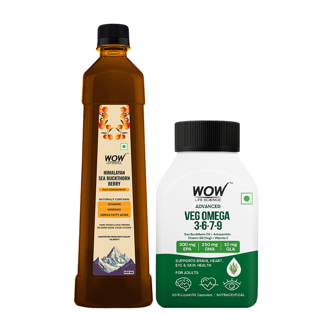 WOW Life Science Sea Buckthorn Berry Pulp Concentrate 400 ml + Advanced Veg Omega 3-6-7-9 Capsules | Himalayan Berry + Algae Sourced EPA DHA | Daily Plant Based Wellness Combo-image-36