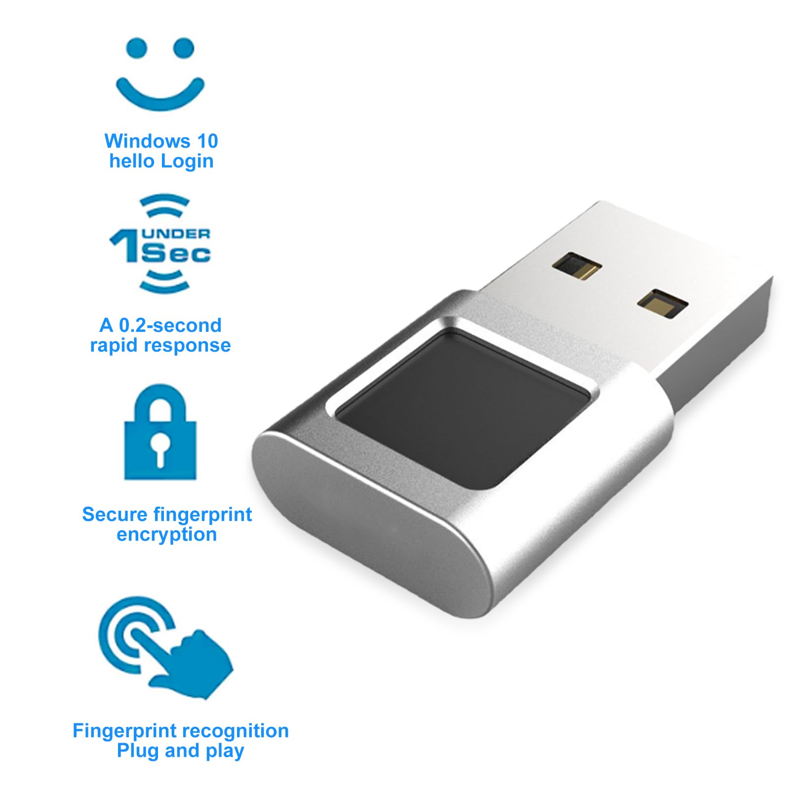 Sensor de huellas dactilares USB para PC, 360°, lector de huellas dactilares USB hasta 10 ID, lector de huellas dactilares biométrico para Windows 10 Hello, Plug & Play Fingerprint Key, plata