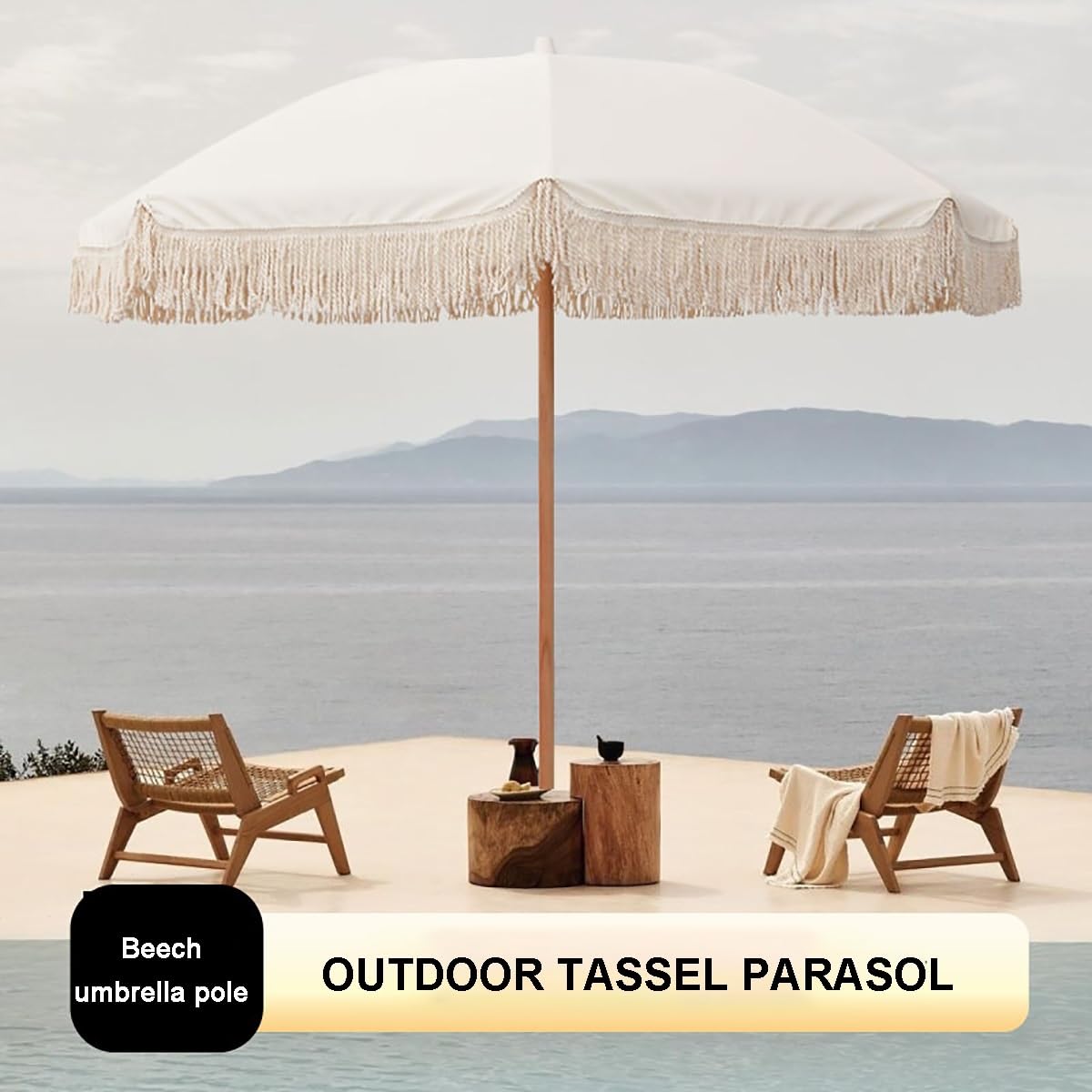2.0m Parasol De Terrasse, Parasol De Plage Bohème En Bois Avec Ancrage, UV 50+, Baleines En Fibre De Verre, Blanc