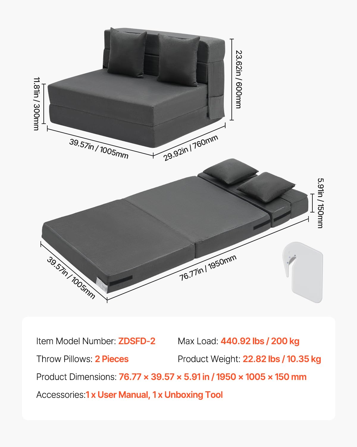 VEVOR Divano Letto Pieghevole con 2 Cuscini e Fodera Lavabile, Poltrona Letto Trasformabile in Memory Foam ad Alta Densità 25D, Divano Futon per Soggiorno, Camera da Letto, Grigio Scuro Singolo