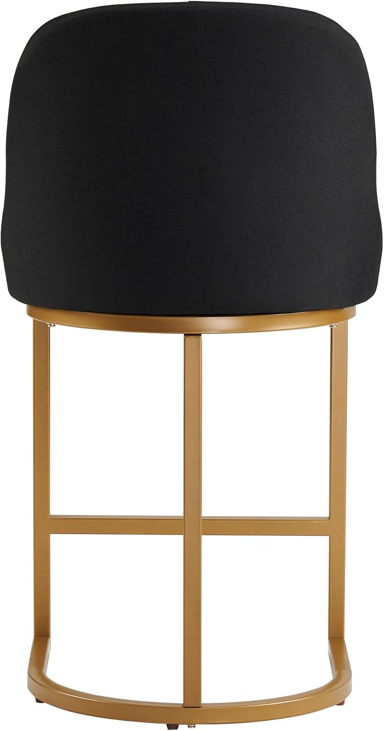Leick Home Barrelback Counter Stool Set of 2, Counter Height, Upholstered Linen Cushion, Black & Gold, Metal Base, Easy Assembly, 20.75 in L x 23.25 in W x 38.5 in H, Item 214528