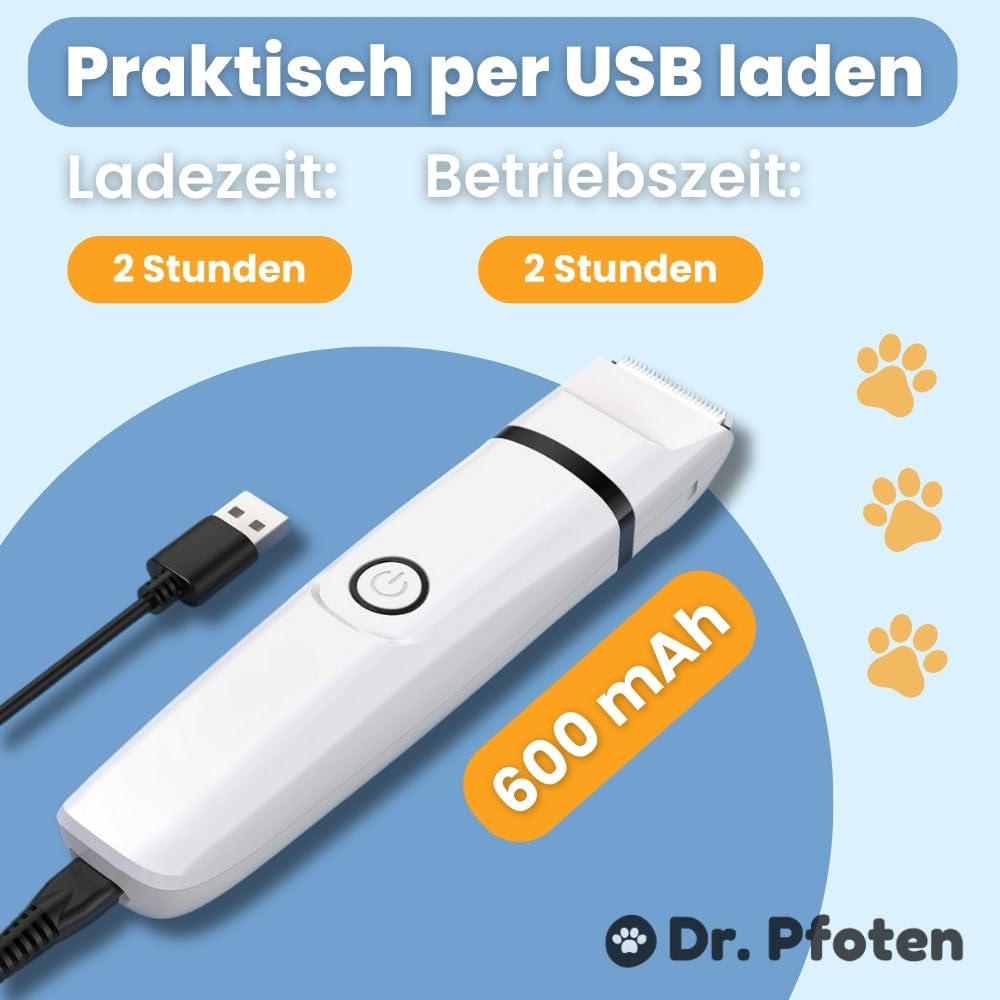dr pfoten MultiTrim Pro - Die stressfreie 4-in-1 Hundeschermaschine Leise Schermaschine für Hunde und Katzen, IPX7 Wasserdicht Profi Trimmer mit 4 Trimmerköpfen, Pfotentrimmer
