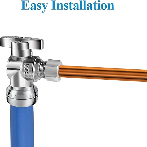 Vista 7 de WiseWater Válvula de tope angular de empuje para conectar 1/2" empuje x 3/8" compresión, 1/4 de vuelta para apagado rápido, latón cromado con clip