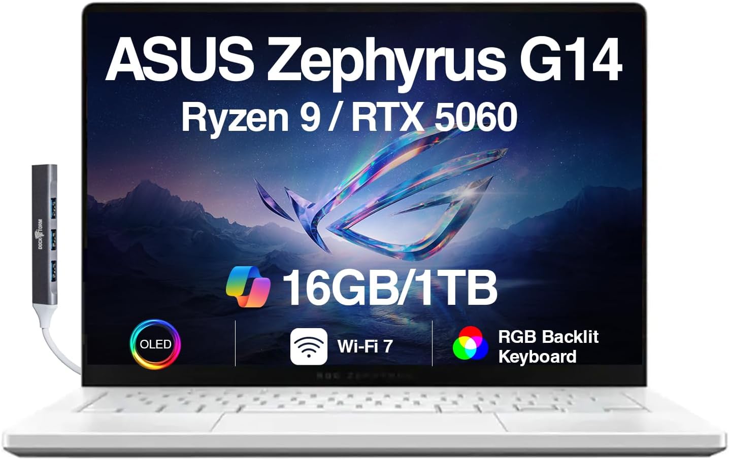 ROG Zephyrus G14 5060 Gaming Laptop 14.0" OLED 2.8K, Ryzen 9, 16GB/1TB | AMD 8-Core Ryzen 9 270 4.0GHz, GeForce RTX 5060 8GB, 39 TOPS, Copilot, 120Hz, RGB KYB, WiFi 7, W11P, Platinum White w/USB Hub