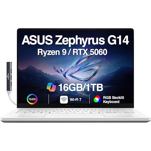 ASUS ROG Zephyrus G14 AI Gaming Laptop 14.0" ROG Nebula OLED 2.8K 500nits Display (AMD Ryzen 9 270, GeForce RTX 5060 8GB, 16GB LPDDR5X, 1TB SSD, RGB KYB, WiFi 7, Win 11 Home) w/DKZ USB Port Expander