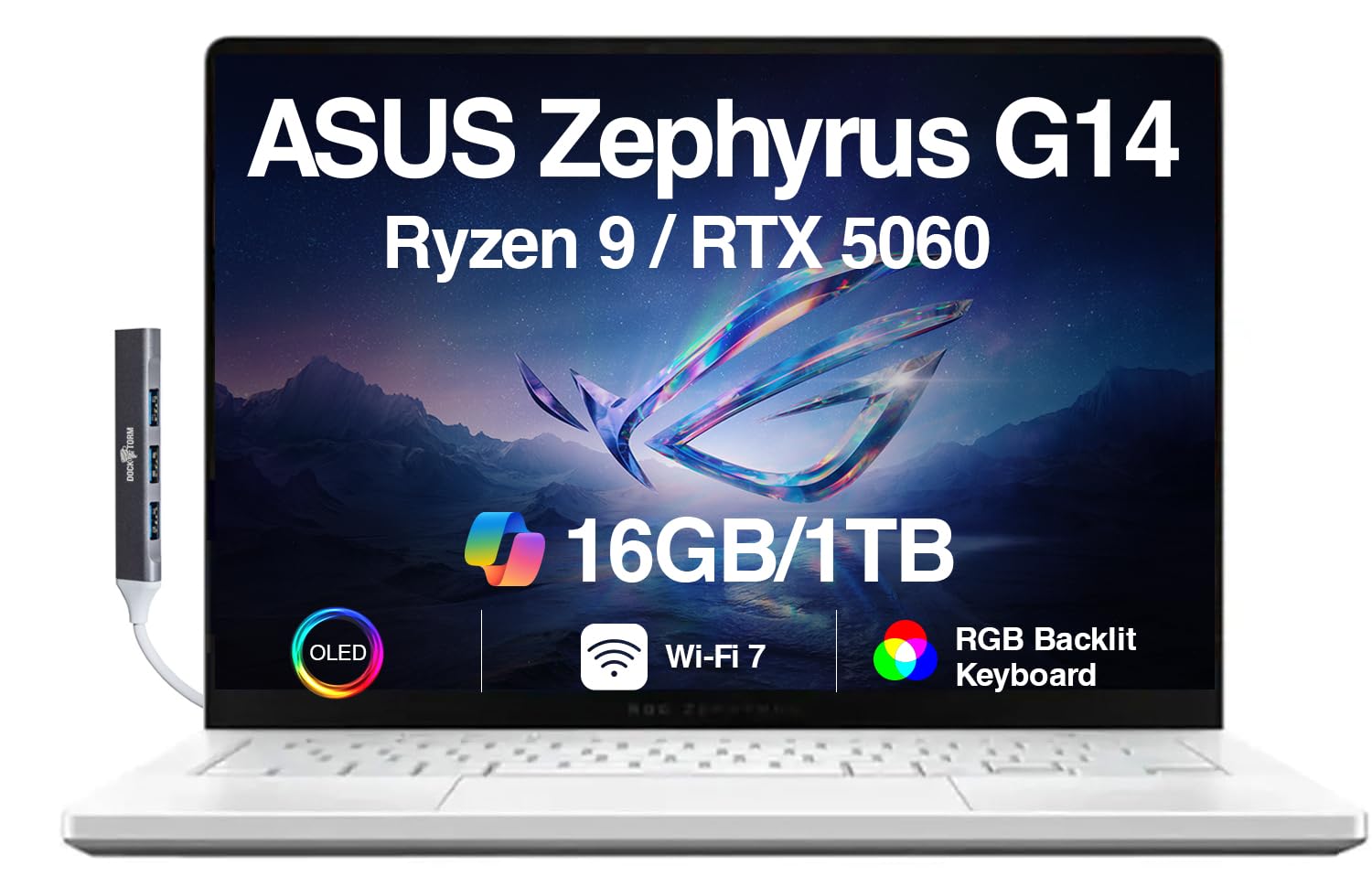 ASUS ROG Zephyrus G14 AI Gaming Laptop 14.0" ROG Nebula OLED 2.8K 500nits Display (AMD Ryzen 9 270, GeForce RTX 5060 8GB, 16GB LPDDR5X, 1TB SSD, RGB KYB, WiFi 7, Win 11 Home) w/DKZ USB Port Expander