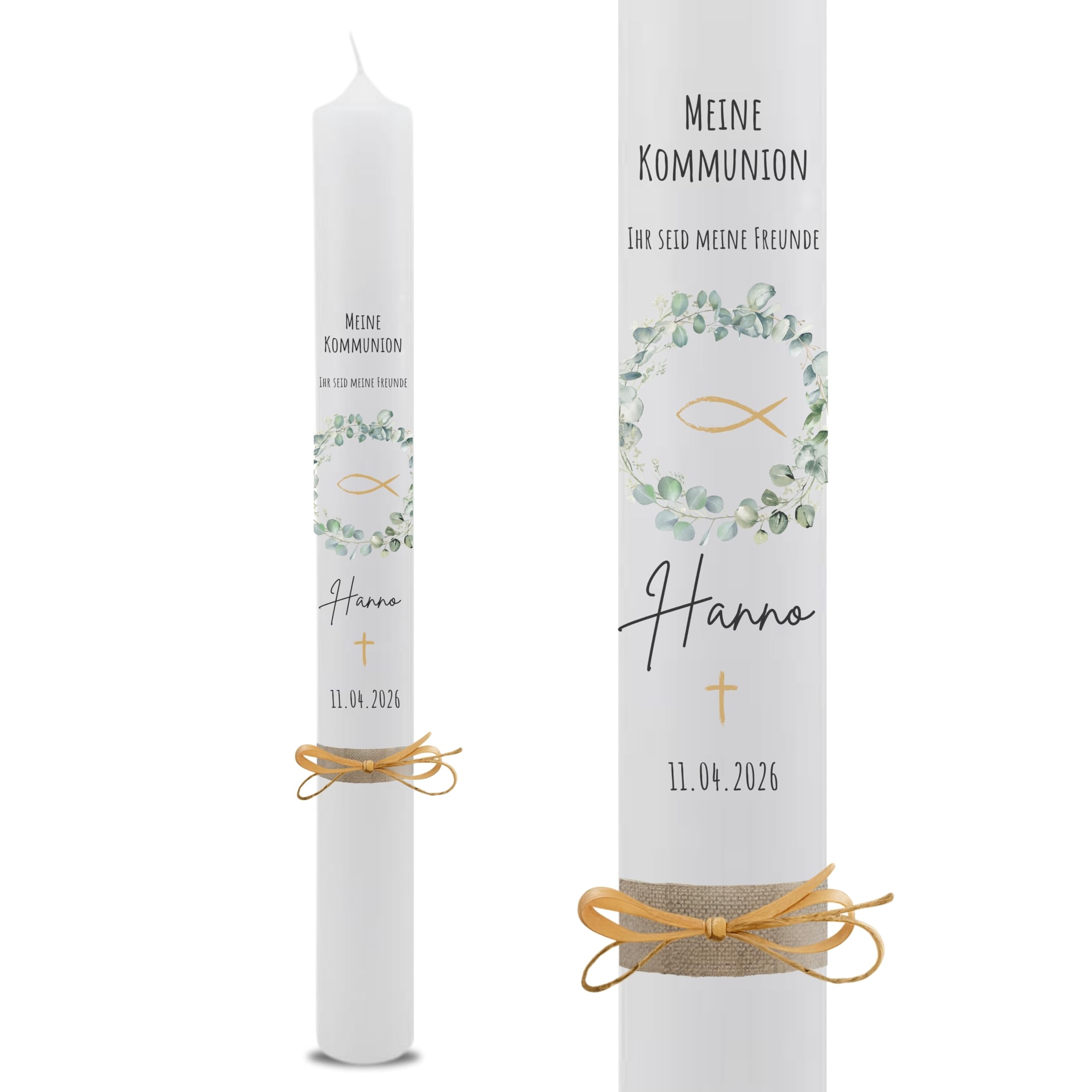 VILLA ROSA LOTTA – Personalisierbare Kommunionkerze „Hanno“ mit Wunschdaten, Rückseite und Holzbox | Eukalyptus Kranz und Spruch | 40 cm x 4 cm | für Jungen und Mädchen | Altarkerze elfenbein