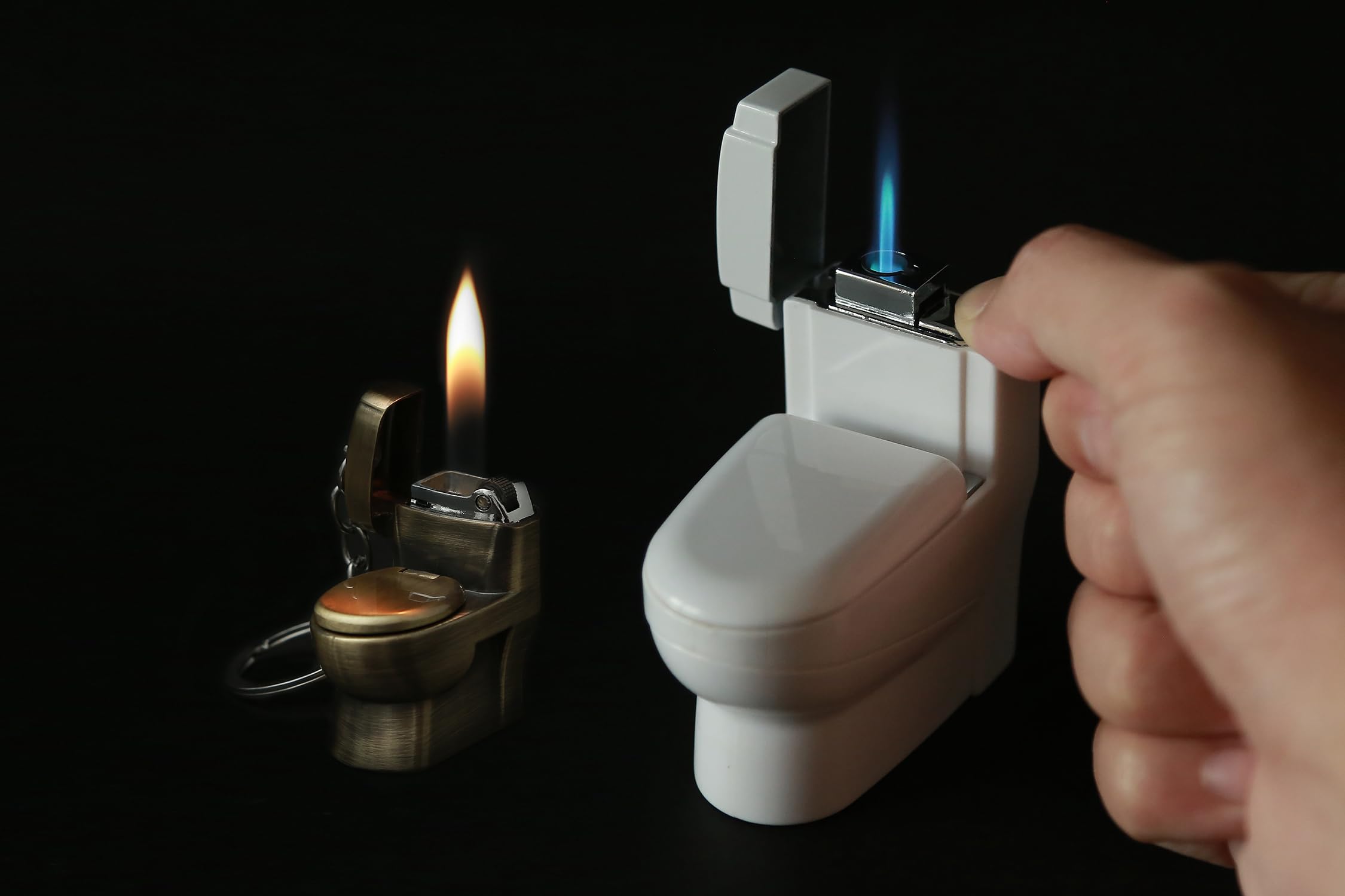 Novelty Toilet Lighters 2 Pack, Funny Torch Lighter 3 in One Bottle Opener,Ash Container+Soft Flame Cool Lighter Gift Box(No Gas) (White+Bronze)