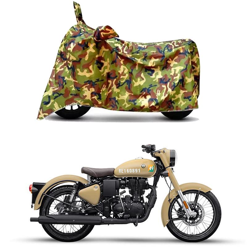 Image of Waterproof 100% PVC Coated Bike Scooty Two Wheeler Body Cover Compatible for Royal Enfie Classic 350 Signal /UV-Rays /Heat Protection /Birds Dropping /Scratchproof /Dust Proof[6X6 Jungle Print]