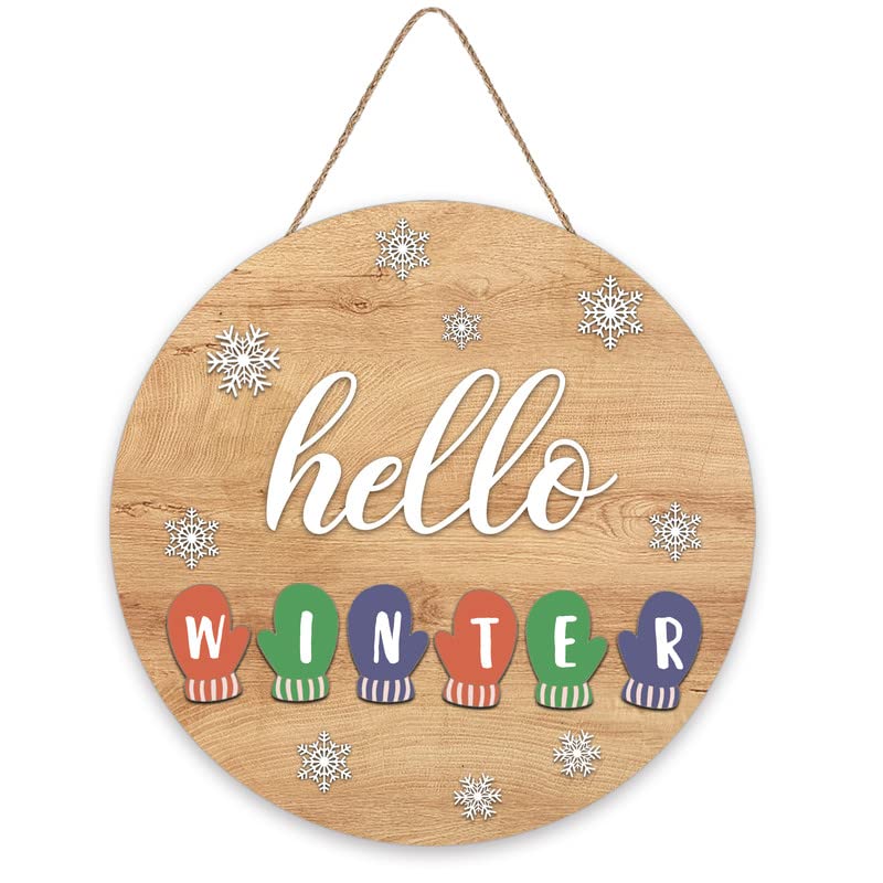 Hello Winter Welcome Sign - 12"x12" Round Wood Door Hanger With Pine Trees For Front Porch Decor - View #11