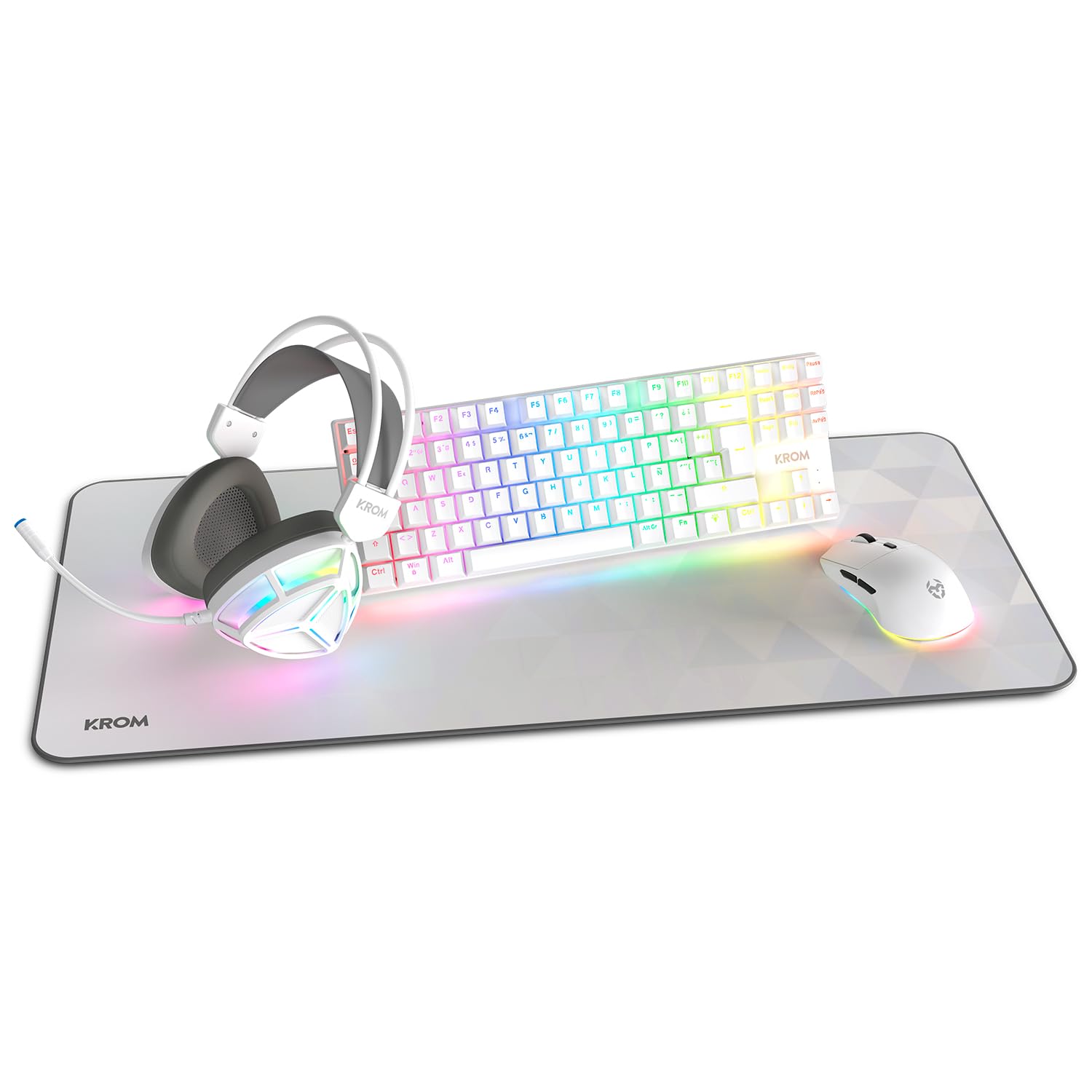 KROM Klass – 4-in 1 Gaming-Set: Mechanische TKL, Tastatur RGB, spanisches Layout, optische Maus mit 7200 DPI, Headset mit 50mm-Treibern und XXL-Mauspad, Komplettes Set für PC und Laptop-Gamer