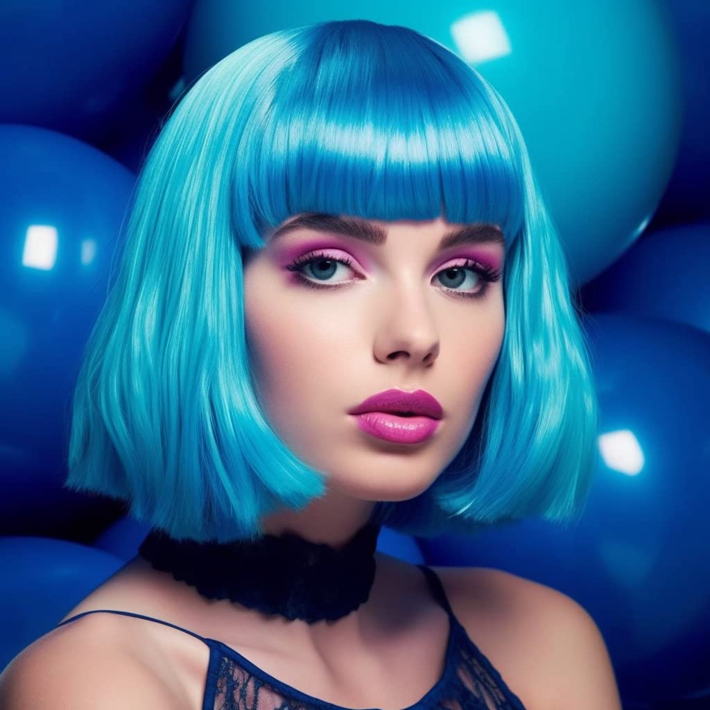 Party Wigs Wig Cap and Sunglass Set,Short Bob Hair Wigs Straight with Flat Bangs Synthetic Colorful Cosplay Daily Party Neon Wig for Women (Blue) - Image 2