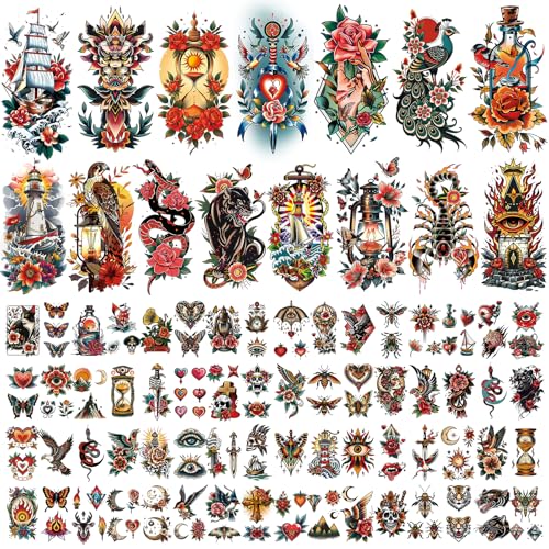 Cerlaza 79 Sheets Classic Temporary Tattoos for Adult Women Men, American Old School Fake Tattoos Sleeve, Realistic Traditional Colorful Flower Animal Half Arm/Tiny Christmas Tattoo Stickers