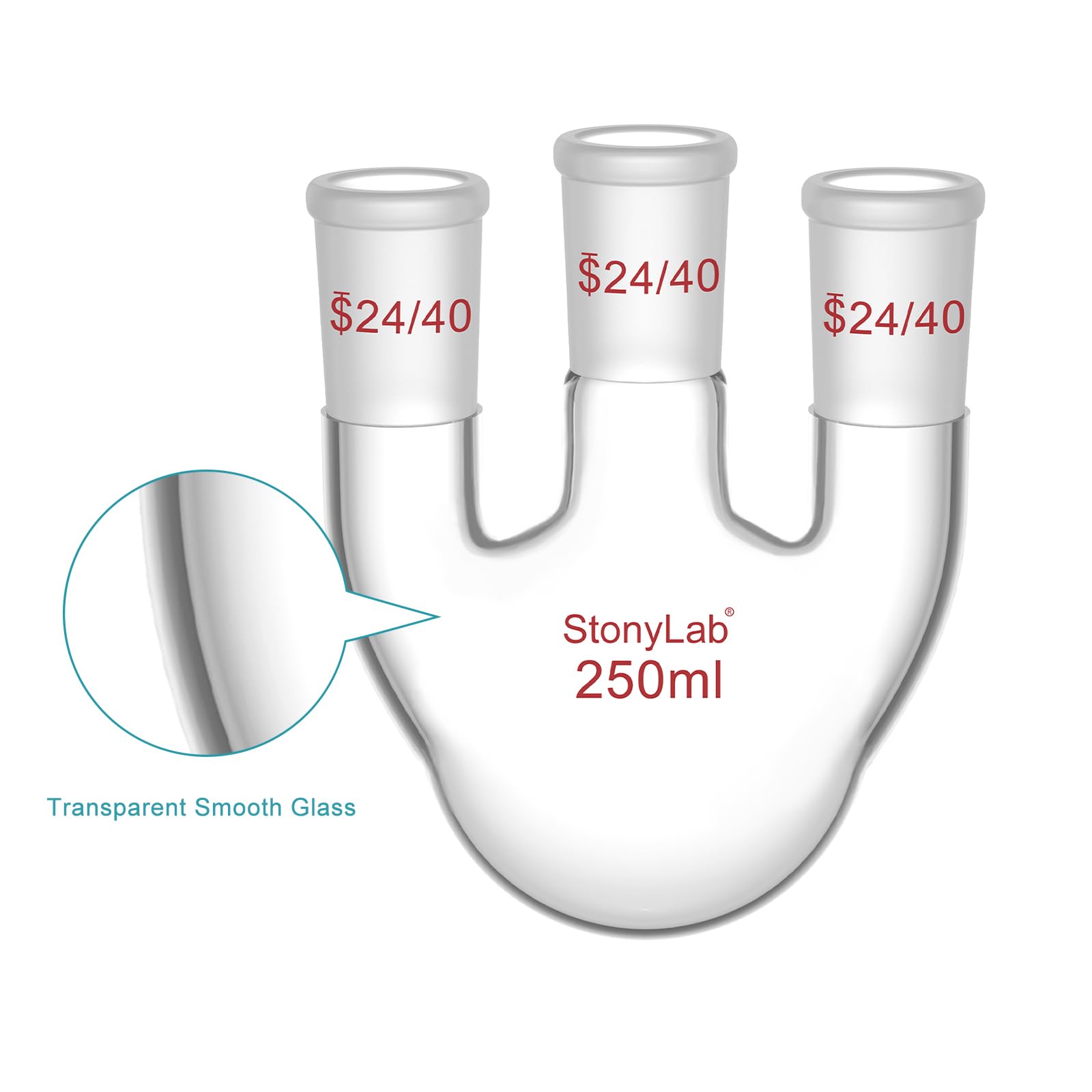 stonylab 250 ml Rundkolben mit 3 geraden Hälsen, 24/40 Standard-Schliffe, hochborosilikat Glas, ideal für Chemie, Labor, wissenschaftliche Experimente, Destillation und Rückflussanwendungen