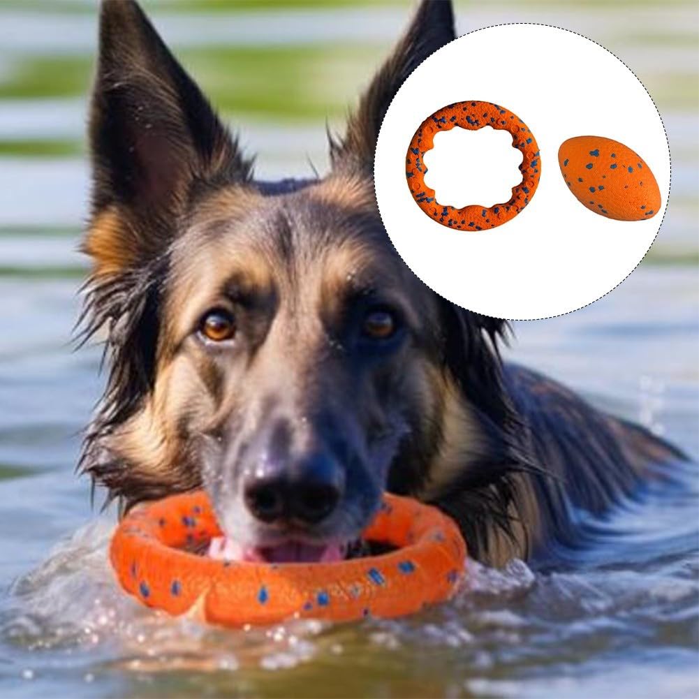 Dog Toy Ring And Football Set E-TPU Chew Resistant Floating | E-TPU Material, Floats In Water, Dental Cleaning Texture, Bright Colours For Visibility, 2-piece Set For Fetch