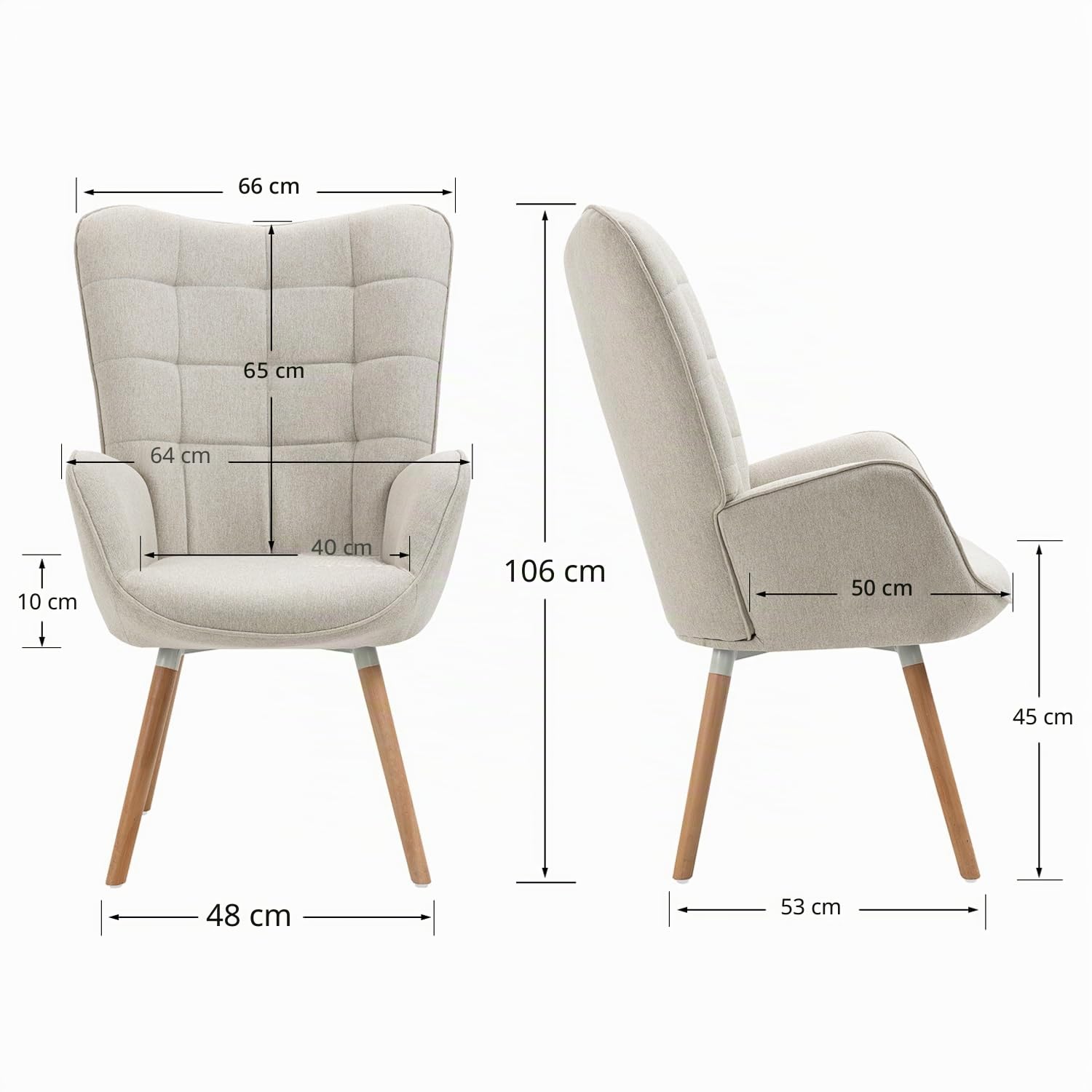 MEUBLE COSY Poltrona Imbottita Scandinavia Sedia da Salotto con Braccioli Poltroncina Relax in Tessuto con Schienale Alto Gambe in Legno per Camera da Letto Soggiorno, Beige, 66x64x106cm