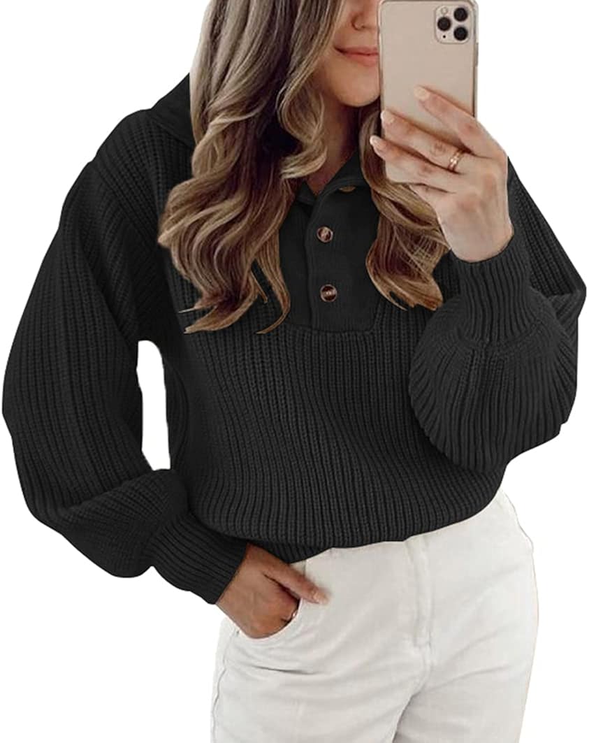 BTFBM Women Casual Button Up Turtleneck Sweaters Long Sleeve Knitted Solid Color Soft Loose Fall Winter Pullover Sweater