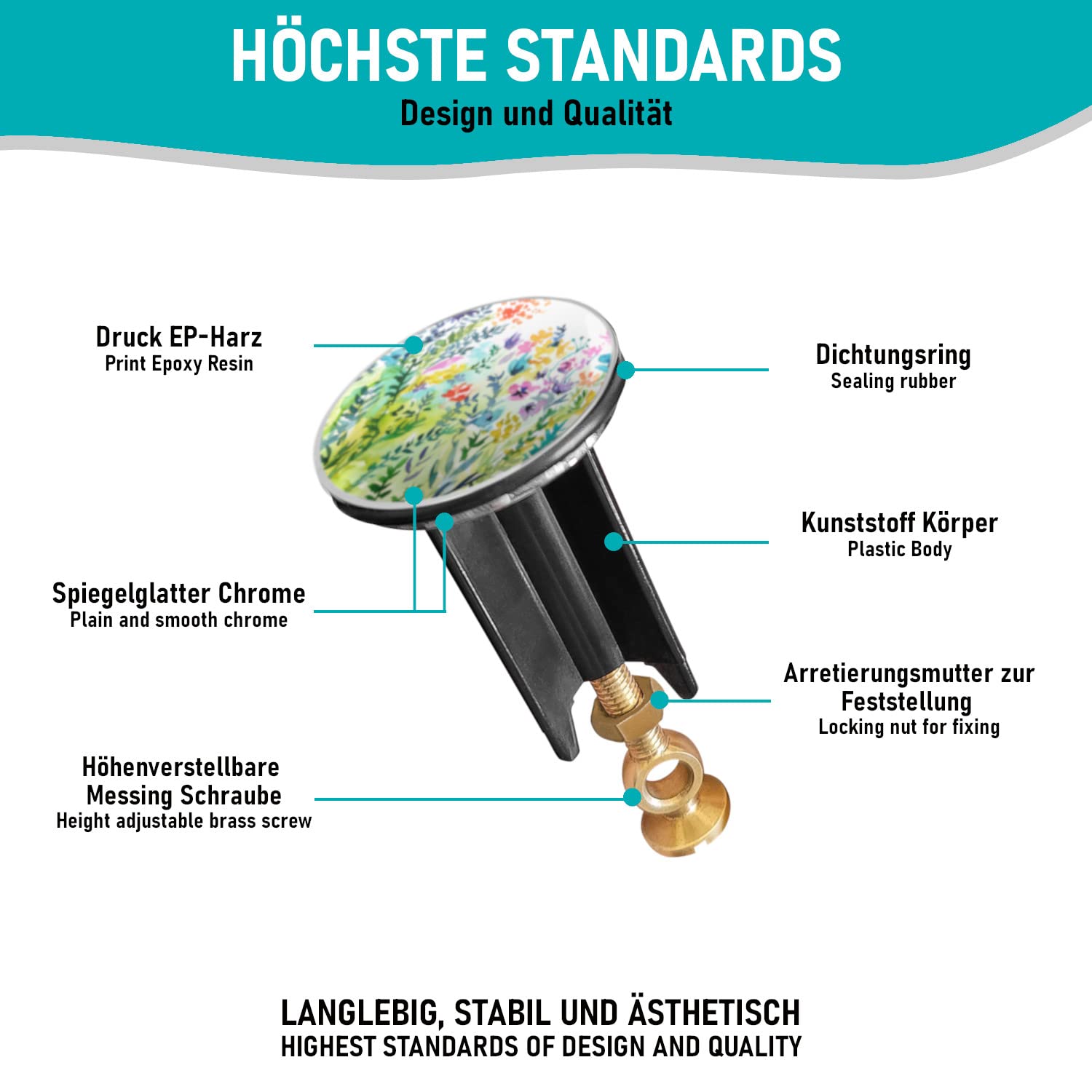 Tappo Scarico Lavabo In Acciaio Inox Con Fiori - Spina Eccentrica 40mm Con Vite In Ottone Per Stabilit&agrave;