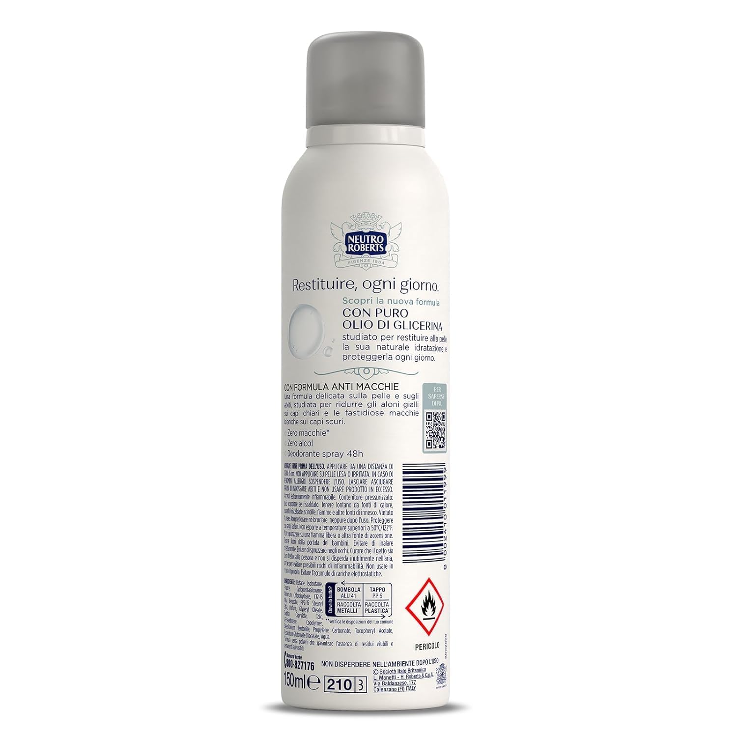 Neutro Roberts - 12 deodoranti spray invisibili, anti-macchie, zero alcool, con puro olio di glicerina, protezione 48h, 150 ml, + portachiavi Italy Shop Service in omaggio