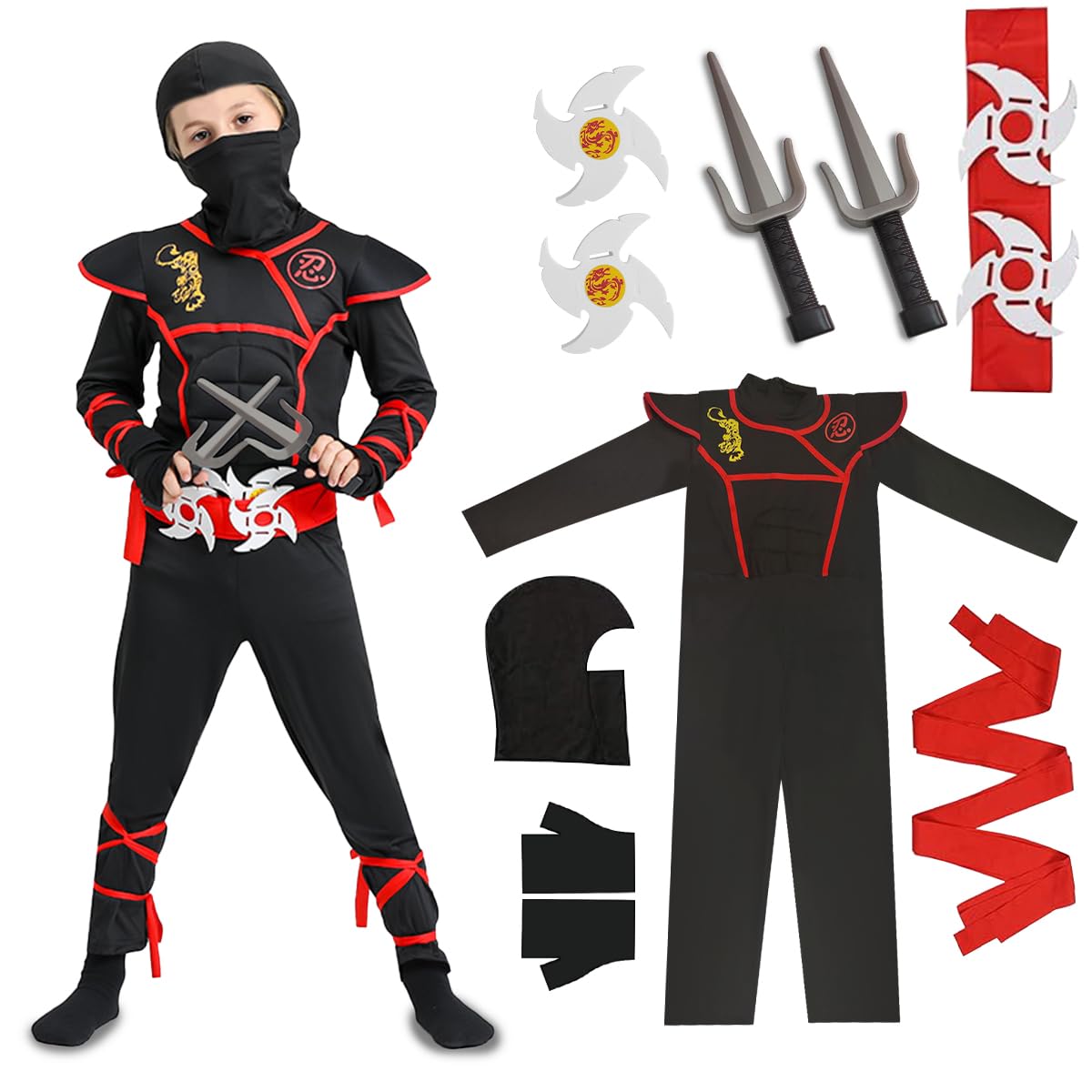 XLZJYIJ Disfraz de Ninja para Niños, Disfraz Niño para Halloween, Disfraces Ninja Niños con Accesorios Ninja, Juego de Cosplay de Ninja para Carnaval, Halloween, Cosplay, Rojo Negro
