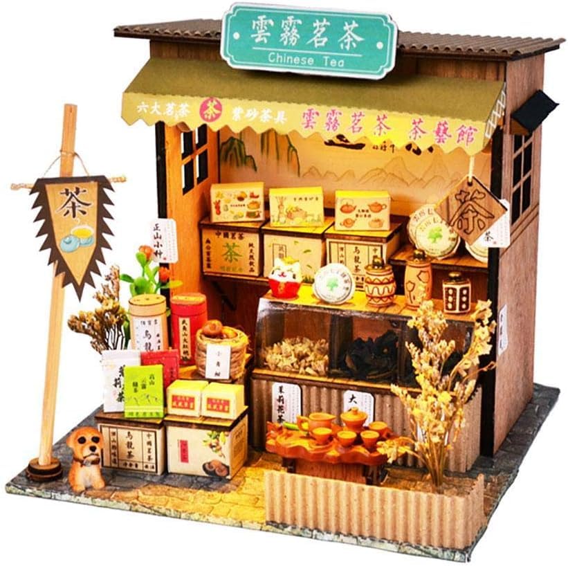 iiecrKiie DIY Chinese Style Cart Dining Car Ancient Shop Building 3D Mini Wooden House Handmade Dollhouse Assembly with LED Light for Birthday Xmas (