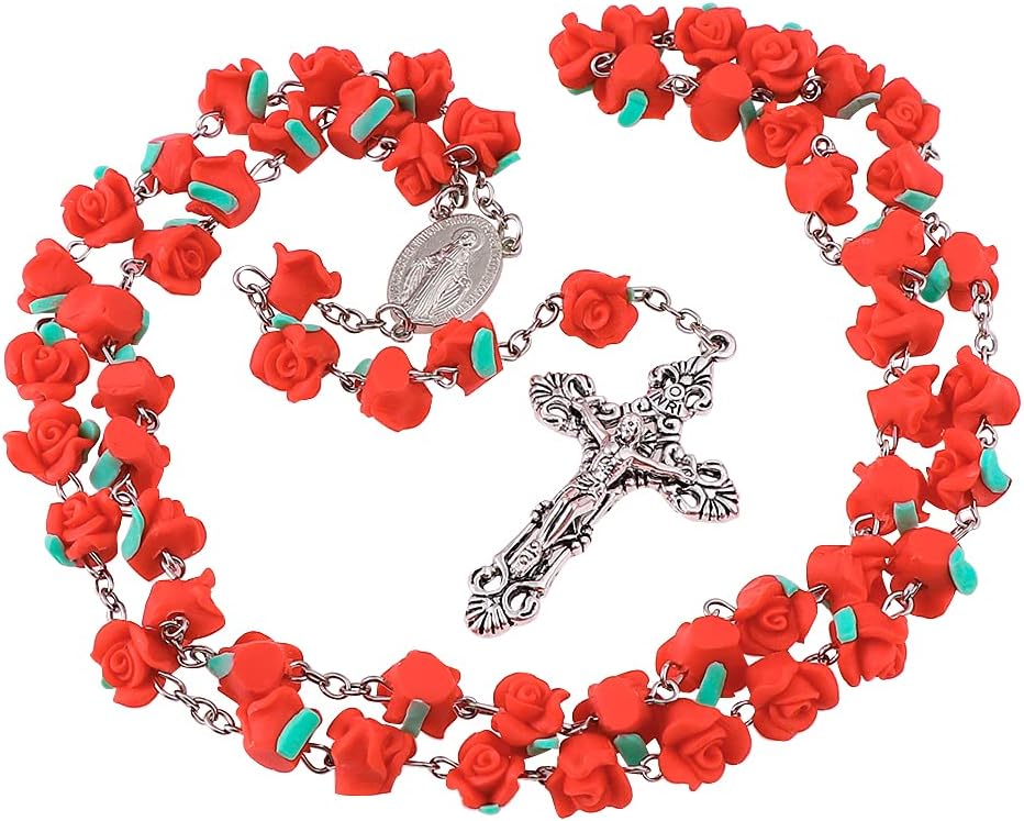Rosary Beads Catholic - 6 Color, Confirmation Gifts for Teenage Girl, Polymer Clay Rose Necklace Jewelry, Silver Alloy Cross Necklace for Women, Gifts for Women
