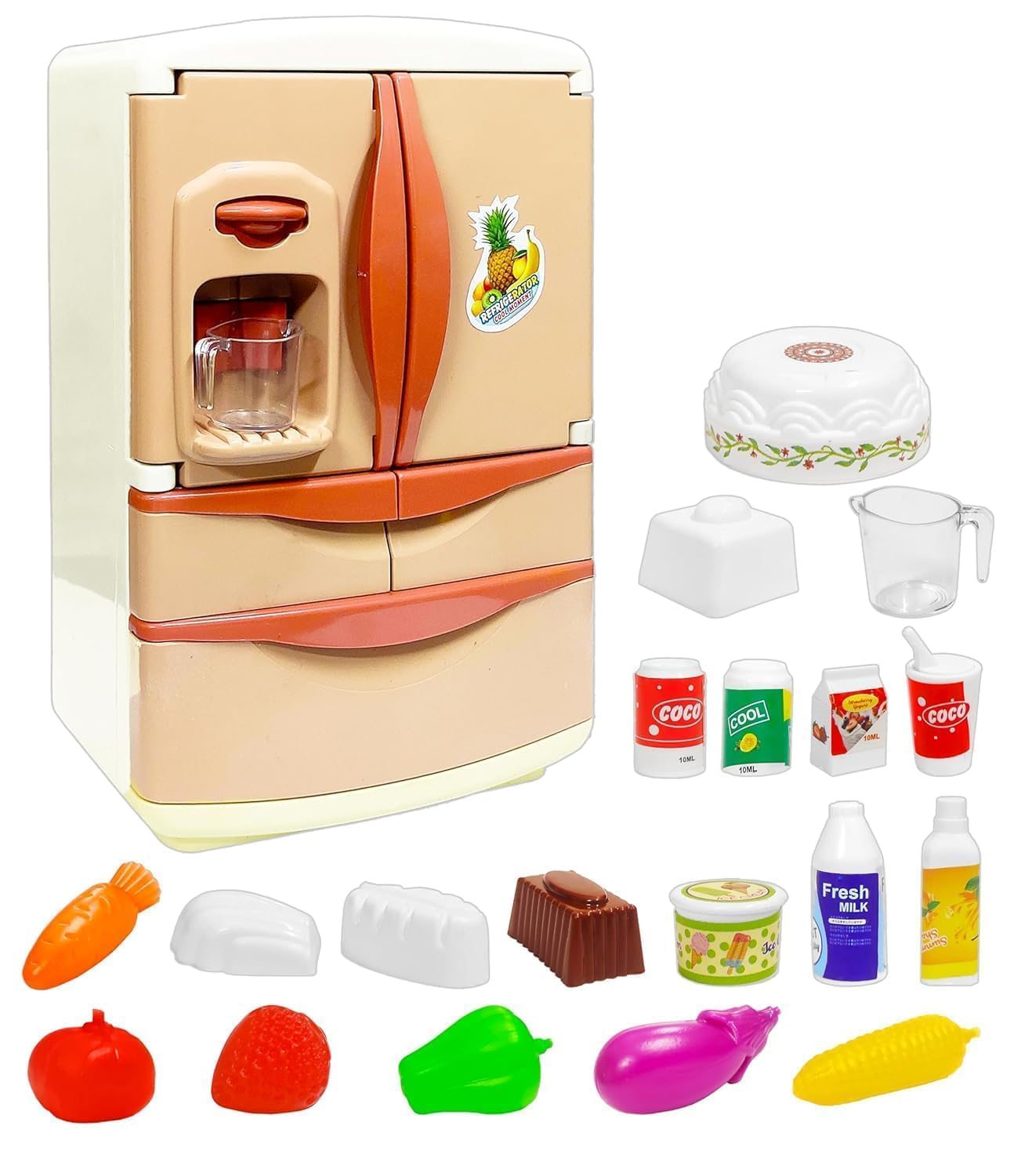 Kids Pretend Play Refrigerator Toy Set with Mini Food Accessories, Water Dispenser, Storage Shelves & Kitchen Play Items | Educational Role Play Gift for Boys & Girls-image-2