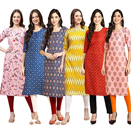 Image of Pinkmint Women's Crepe Digital Print Straight Kurta Pack of 6 [CR-336-370-344-343-328-366]