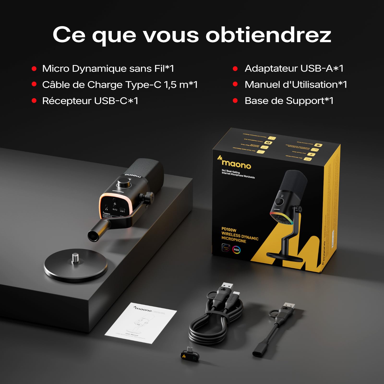 MAONO PD100W Microphone sans Fil/USB, Micro Gaming PC Dynamique avec Réduction de Bruit en Un Clic, Bouton Mute, RGB & Logiciel Dédié. Idéal pour Le Streaming, Le Enregistrement & l’Podcast. Noir