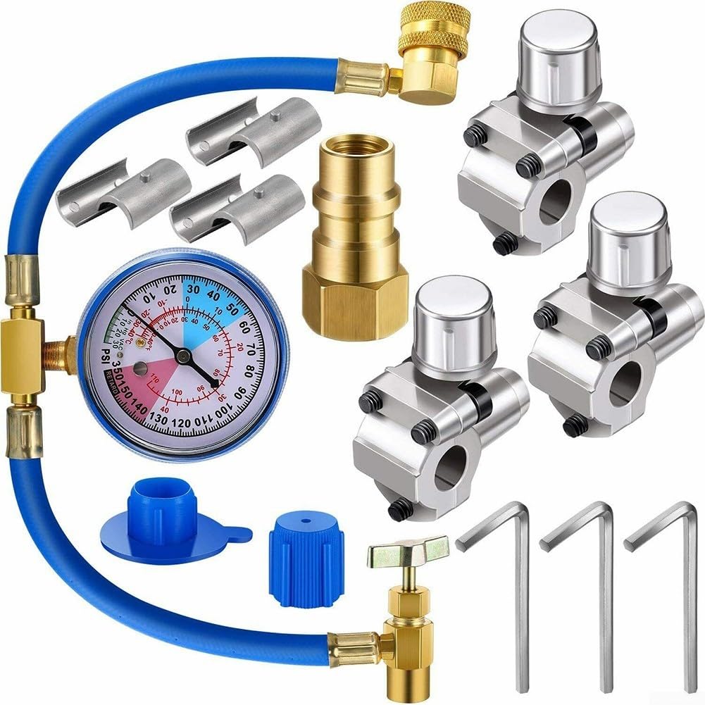 BPV31 Kit de valve de robinet de perçage compatible avec les tuyaux de 6,35 mm de diamètre extérieur, 5/16" et 3/8", Kit de tuyau de recharge R134a pour manomètre de réfrigérateur