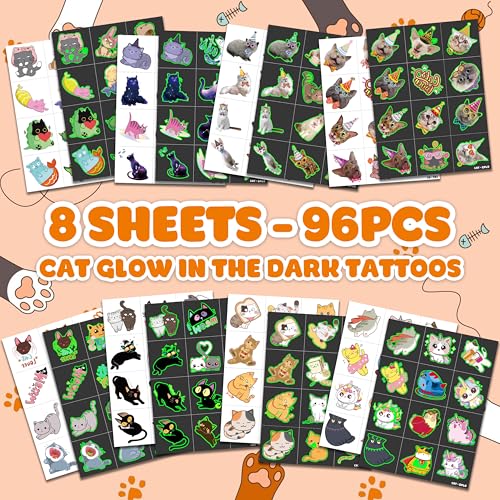 Image of 96 PCS Cat Luminous Glow in The Dark Temporary Tattoos for Kids | Cute Cats Themed Birthday Party Favors, Supplies, Decorations & Fake Animal Paw Stickers for Boys Girls