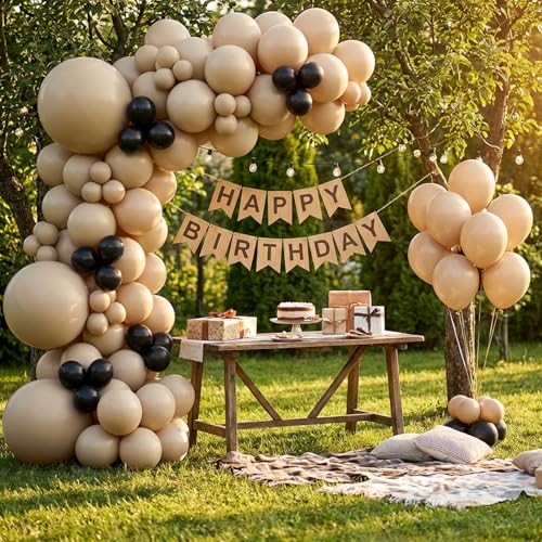 Image of RUBFAC 135pcs Vanilla Brown Balloons, Latex Light Brown Balloon Different Sizes 18 12 10 5 Inch for Garland Arch Wedding Baby Shower Birthday Party Decorations