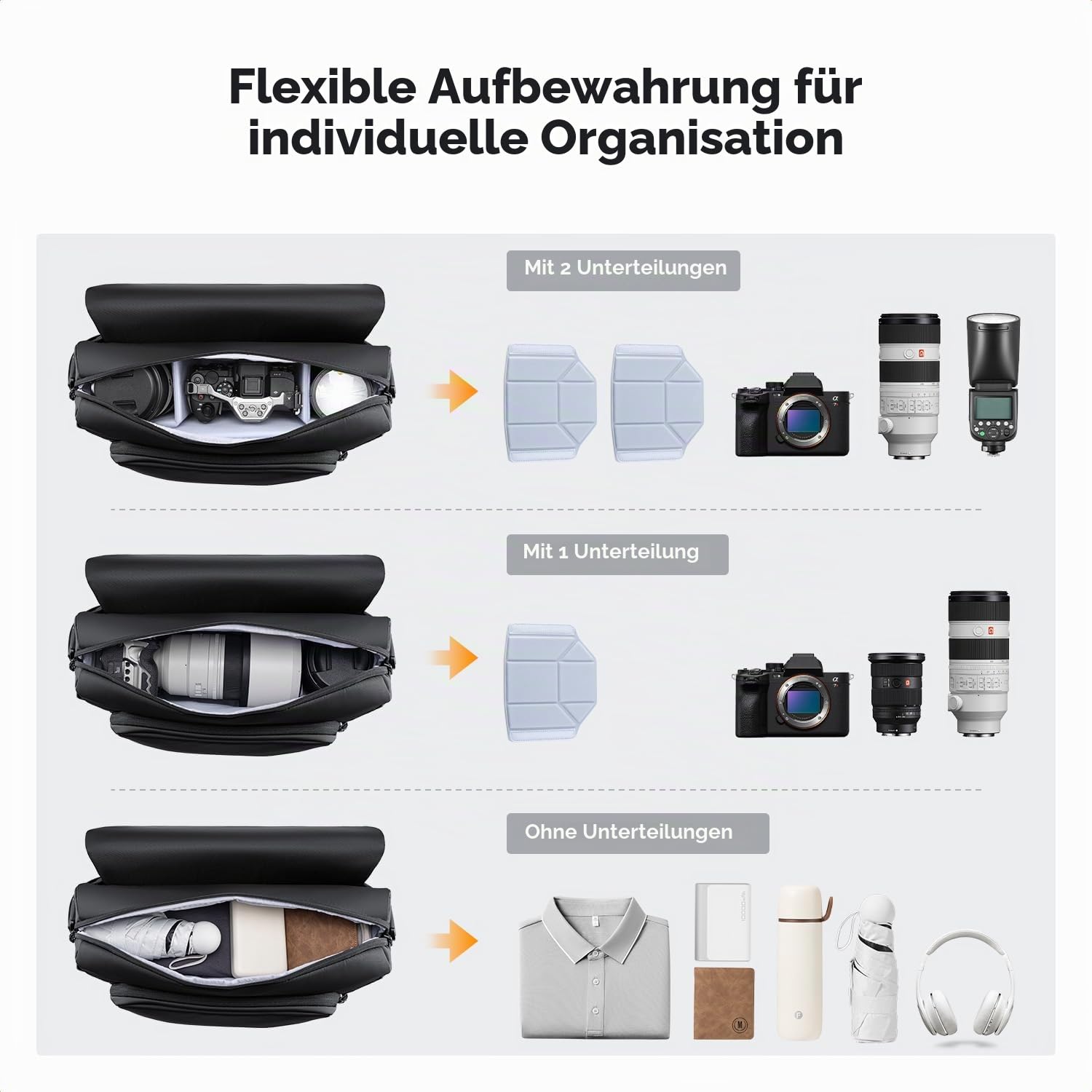 K&F CONCEPT Kameratasche mit großem Fassungsvermögen, geeignet für Kameras, 70-200 mm f/2,8 Objektive und Laptops bis zu 13 Zoll