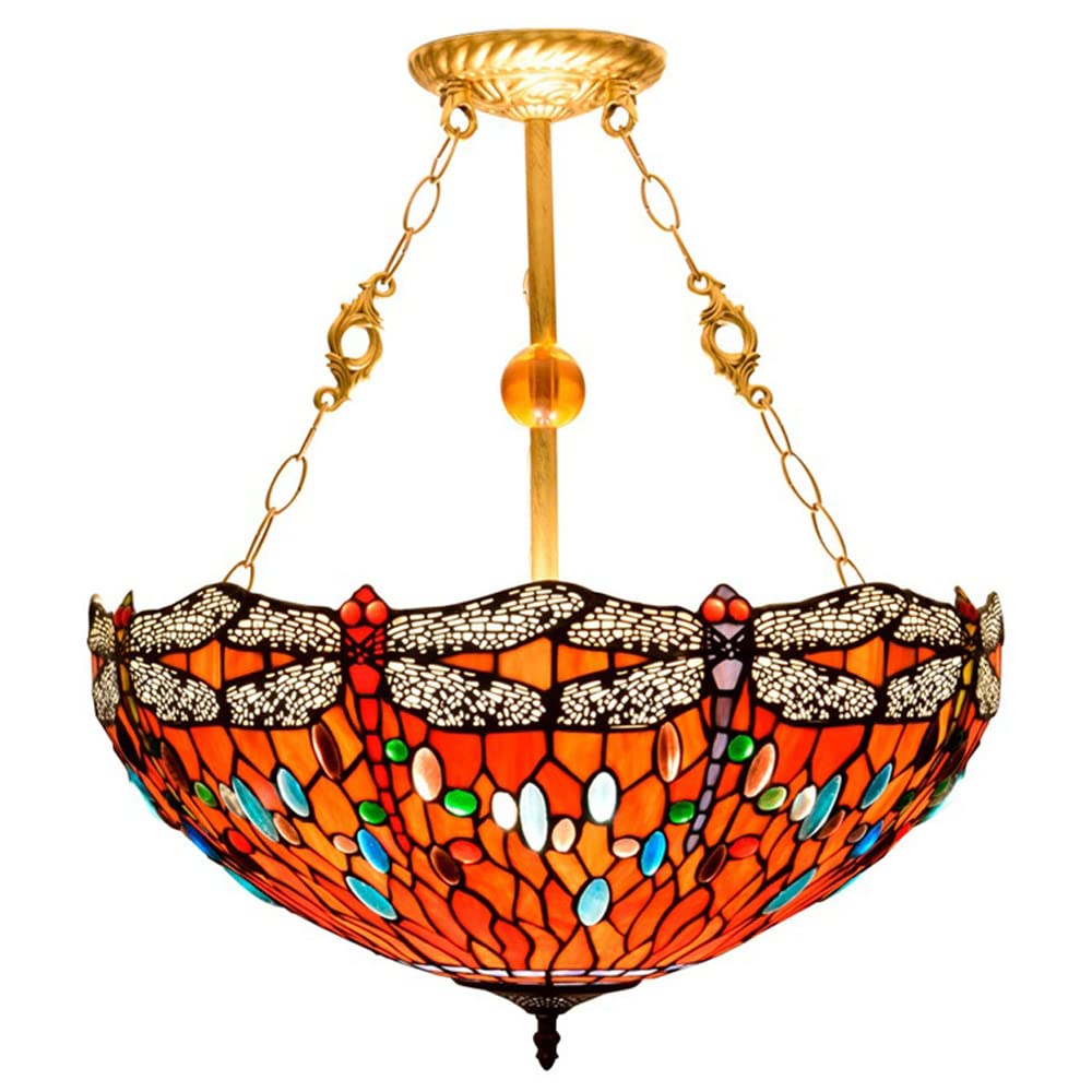 FYZDLAOR Vintage Dragonfly Pattern Tiffanystyle Large Size Inverted Pendant Lights Chandelier 20 Inches Wide 3 Light Fixture for Dining Living Room Bedroom Foyer