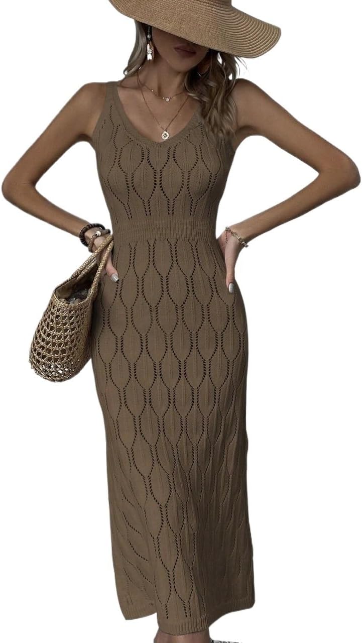 swimsuit coverup for women Sleeveless Knit V-Neck Hollow Pattern Slit Fitted Dress