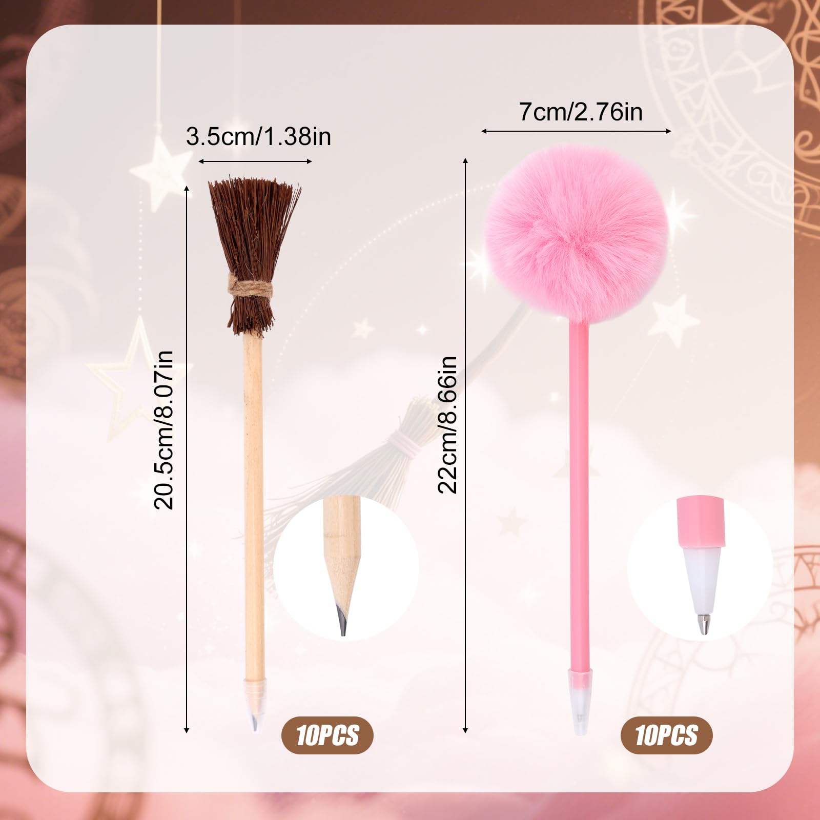SAVITA Princess Party Favors, Include 10pcs Broom Pencils & 10pcs Pink Fluffy Pens for School Office Use Pink Pom Pom Ballpoint Pens & Wooden Broom Pencils Party Supplies for Adults Teens Kids - Image 2