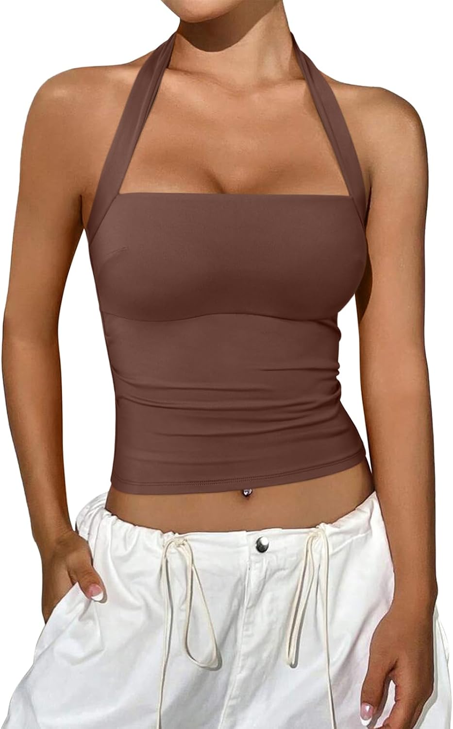 REORIA Women's Halter Going Out Tops 2025 Summer Y2K Shirts Sleeveless Sexy Crop Tank Top Y2k Outfits