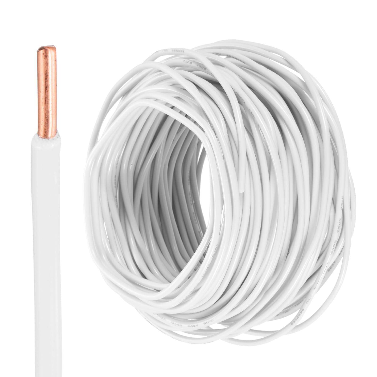 QUARKZMAN Cable Eléctrico Aislado De Cobre Sólido 75 Pies 12 AWG Cable De Conexión THHN Cable Residencial Industrial Para Puesta A Tierra Clasificado Para 600 Voltios Listado UL Blanco