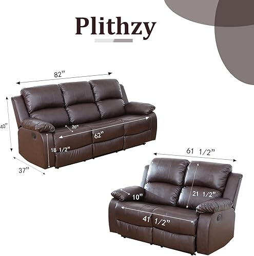 Miniatura 6 de Plithzy Juego de sofá reclinable de 2 piezas de cuero regenerado, muebles de sala de estar para oficina en casa (sofá y sofá biplaza, marrón,