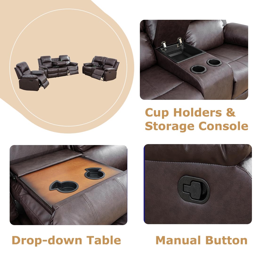 Toseslo Living Room Furniture Sets, Manual Reclining Sofa and Lovseat Set with Drop-Down Table, Leather Recliner Couch Sets, Recliner Sofa with Storage Console/Cup Holder for Home/Apartment(Brown) view 6