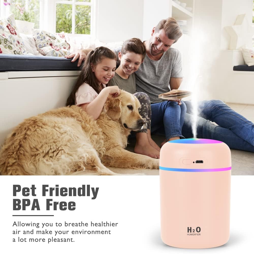 Colorful Cool Mini Humidifiers with LED Night Light, USB 300ml Mist Humidifiers for Car Office Room Bedroom, 26db Quiet Ultrasonic Humidifiers, Portable Diffuser for Essential Oils