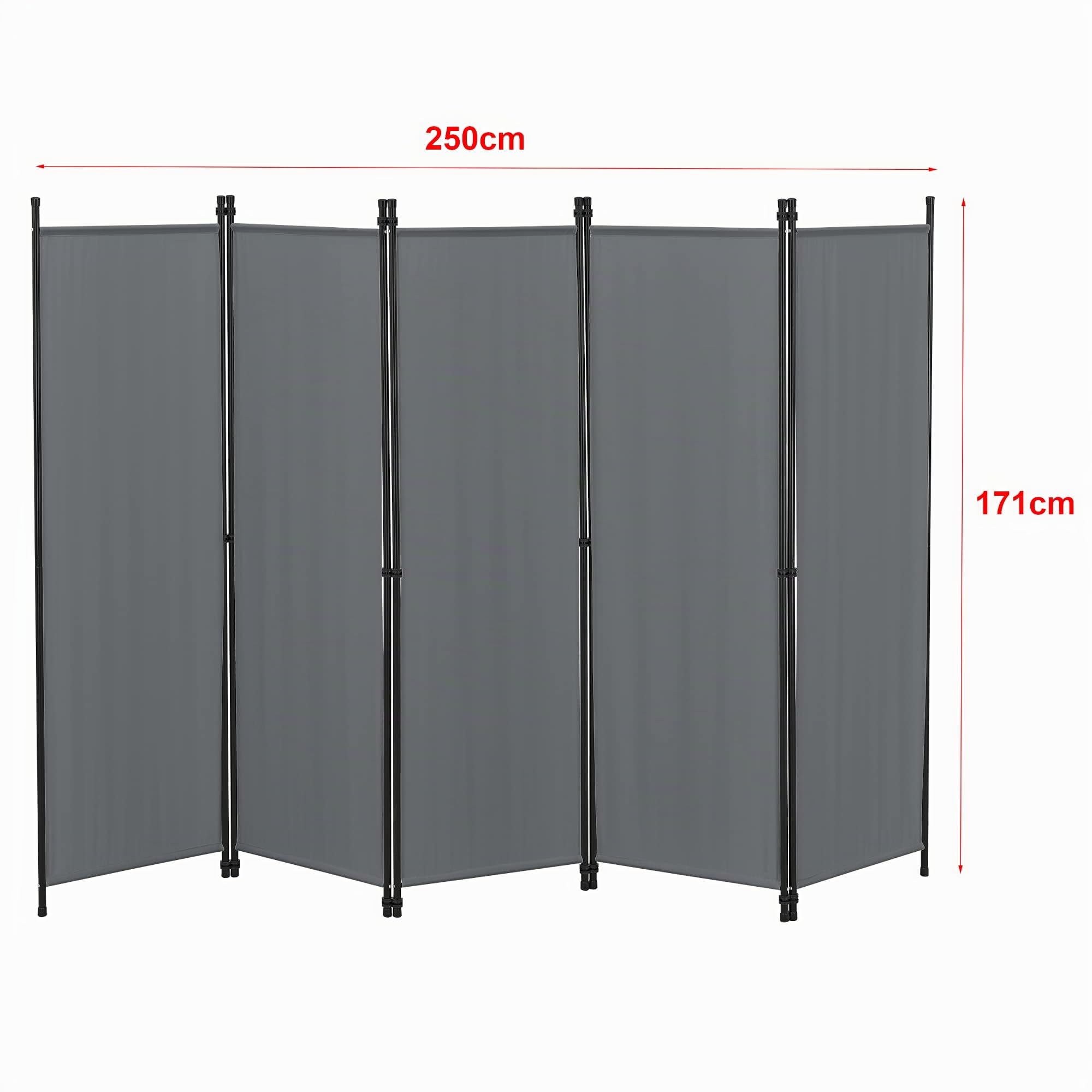 Paravent de Confidentialité à 5 Panneaux Séparateur de Pièce Design Brise-Vue pour Intérieur Extérieur Acier Polyester 171 x 250 cm Gris Foncé